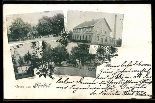 AK Trebel, Gasthof O. Wendig, Dorfstrasse, Kirche