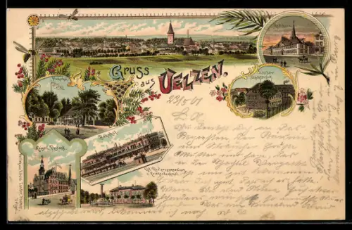 Lithographie Uelzen, Rathaus, Fischermarkt, Bahnhof, Kaiserliches Postamt