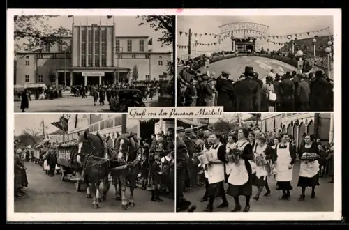 AK Passau, Volksfest Passauer Maidult mit Raketenbahn, Bierwagen, Frauen m. Krügen