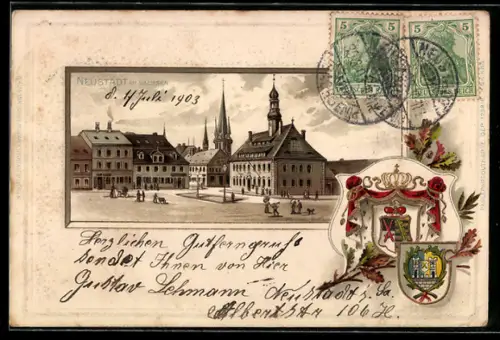 Passepartout-Lithographie Neustadt / Sachsen, Marktplatz mit Kirche, Wappen