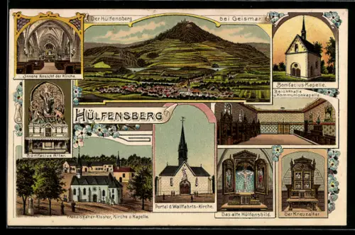Lithographie Geismar / Eichsfeld, Ortsansicht mit Hülfensberg, Bonifacius-Kapelle