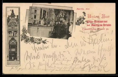 AK Berlin, Gaststätte Union-Bar, Französische Strasse 50, Aussen- u. Innenansicht, Tresen, Barmädchen, Gäste
