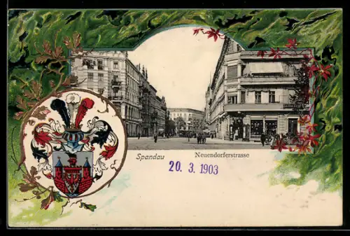 Passepartout-Lithographie Berlin-Spandau, Neuendorferstrasse, Ansicht von einer Kreuzung, mit Geschäft, Wappen