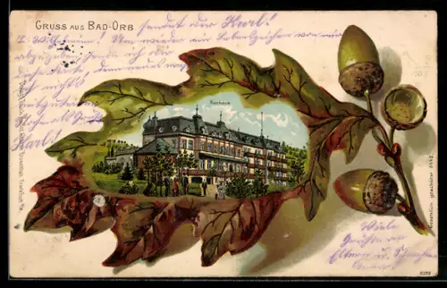 Passepartout-Lithographie Bad Orb, Kurhaus mit Garten im Eichenblatt