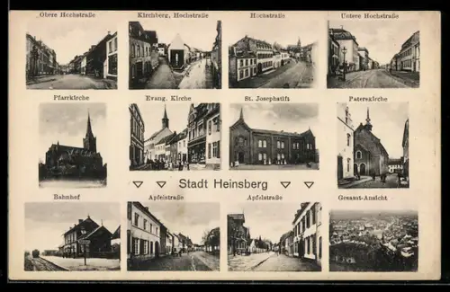 AK Heinsberg, Gesamtansicht, Bahnhof, Pfarrkirche, Peterskirche, St. Josephstift, Hochstrasse, Apfelstrasse
