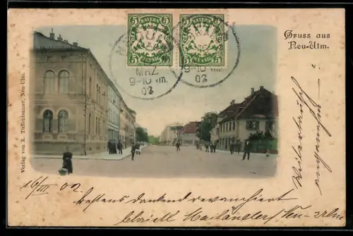 AK Neu-Ulm, Strassenpartie, Kreuzungs-Panorama mit kleiner Versammlung