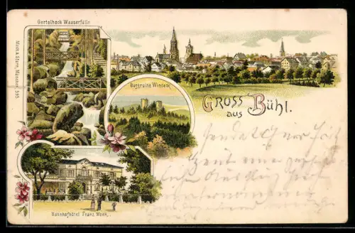 Lithographie Bühl, Bahnhofhotel Franz Wenk, Gertelbach Wasserfälle, Ortsansicht