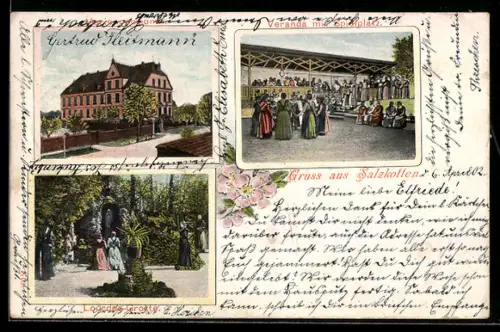 AK Salzkotten, Marienpensionat, mit Veranda, Spielplatz u. Zöglingen, Lourdes-Grotte