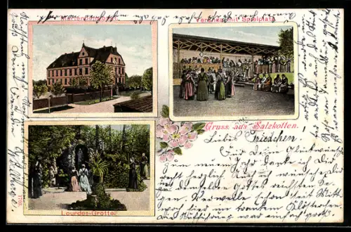 AK Salzkotten, Marienpensionat, mit Anlagen, Veranda, Spielplatz u. Zöglingen, Lourdes-Grotte