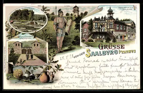 Lithographie Saalburg, Gasthaus zur Saalburg, Porta Decumana, Villa Caracalla, Limes, römischer Legionär