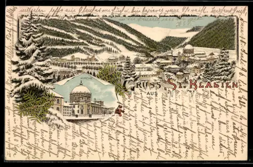 Winter-Lithographie St. Blasien, Kirche, Panorama