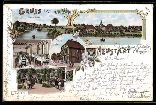 Lithographie Neustadt a. Rbge., Krauls Hotel mit Garten u. Saal, Kleine Leine, Ortsansicht