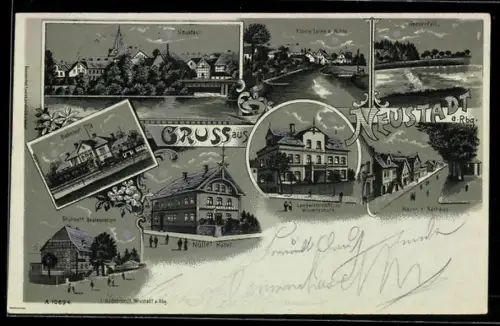 Mondschein-Lithographie Neustadt a. Rbg., Bahnhof, Stürkels Restaurant, Nülles Hotel, Kl. Leine & Mühle