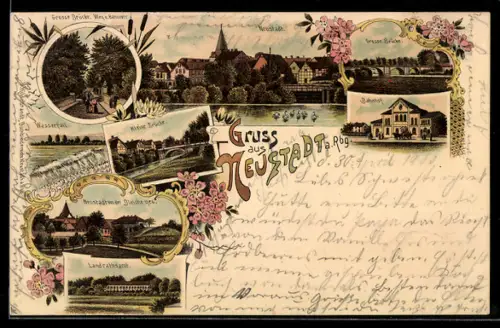 Lithographie Neustadt a. Rbg., Panorama, Bahnhof, Grosse und kleine Brücke