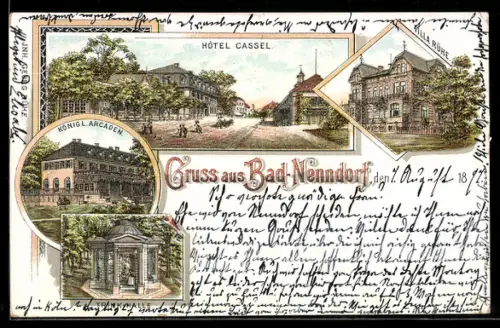 Lithographie Bad Nenndorf, Hotel Cassel, Villa Rühe, Königl. Arcaden
