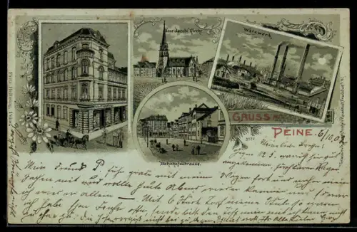 Mondschein-Lithographie Peine, Walzwerk, Geschäftshaus F. Helbsing, Bahnhofstrasse