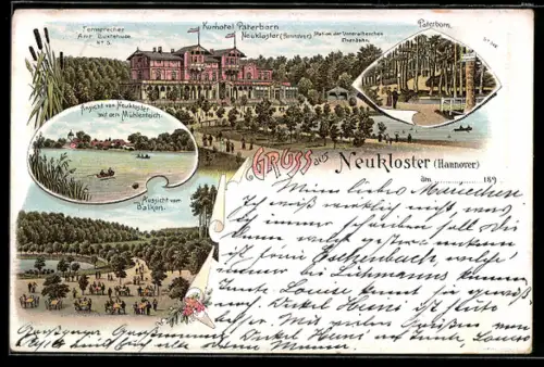 Lithographie Neukloster /Hannover, Kurhotel Paterborn, Mühlenteich, Paterborn