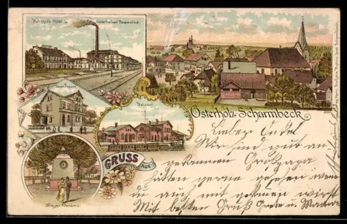 Lithographie Osterholz-Scharmbeck, Bahnhofshotel u. Osterholzer Reiswerke, Bahnhof, Kriegerdenkmal