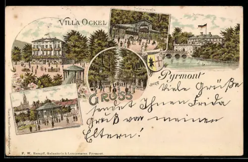 Lithographie Pyrmont, Villa Ockel, Stadttrinkhalle, Helenenquelle, Wappen