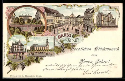 Lithographie Alzey, Seminar, Rossmarkt, Winterschule