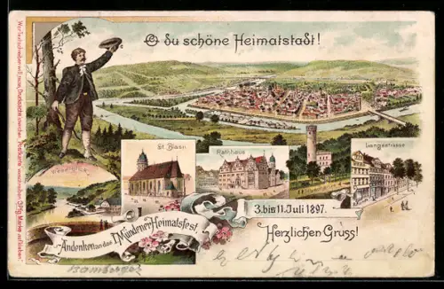 Lithographie Hann. Münden, Mündener Heimatsfest 1897, Weserblick, St. Blasii, Rathaus, Langestrasse