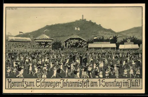 Künstler-AK Eschwege, Volksfest Johannisfest, Tanz auf der Festwiese, Karussell, Schiessbude