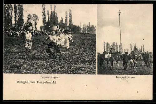AK Billigheim / Pfalz, Volksfest Purzelmarkt, Wassertragen, Stangenklettern