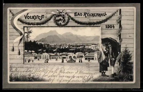 AK Bad Reichenhall, Volksfest 1904, Blick über das Festgelände, Pärchen unter dem Schirm