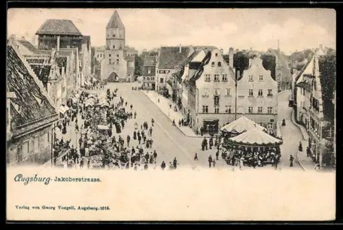 AK Augsburg, Jakoberstrasse zur Jakoberkirchweih mit Karussell