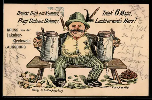Künstler-AK Augsburg, Jakober Kirchweih, Mann mit zwei riesigen Bierkrügen