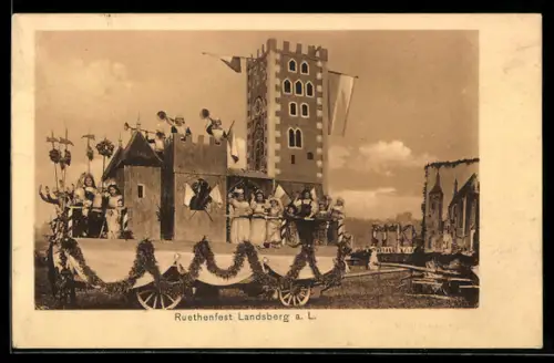 AK Landsberg a. L., Volksfest, Ruethenfest, Festwagen mit Kindern und Burg