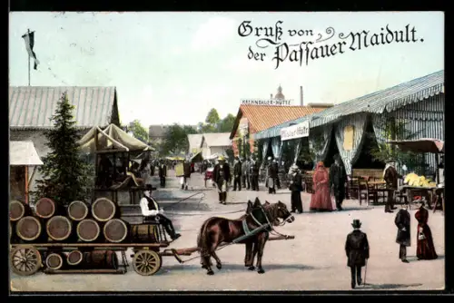AK Passau, Passauer Maidult, Krennbauer Hütte & Pferdewagen, Volksfest