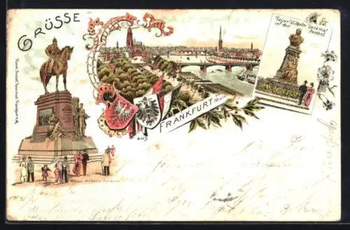 Lithographie Frankfurt /Main, Kaiser Wilhelm Denkmal auf dem Posthof, Stadt-Panorama