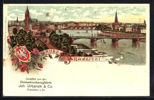 Lithographie Alt-Frankfurt, Ansicht der Stadt mit Dom und Brücke