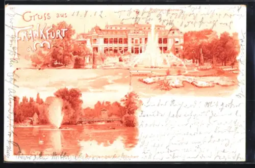 Lithographie Frankfurt a. M.-Westend, Palmengarten, Weiher