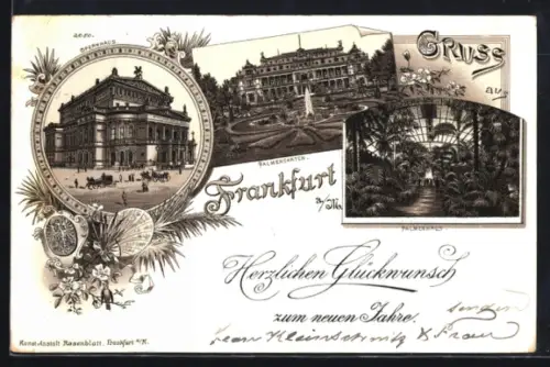 Lithographie Frankfurt a. M., Palmengarten, Inneres Palmenhaus, Opernhaus, Neujahrsgruss