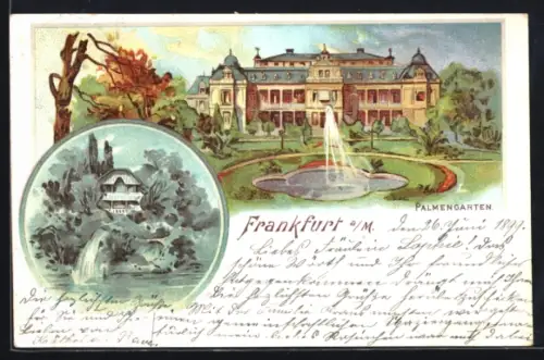 Lithographie Frankfurt-Westend, Palmengarten, Wasserfall bei Nacht