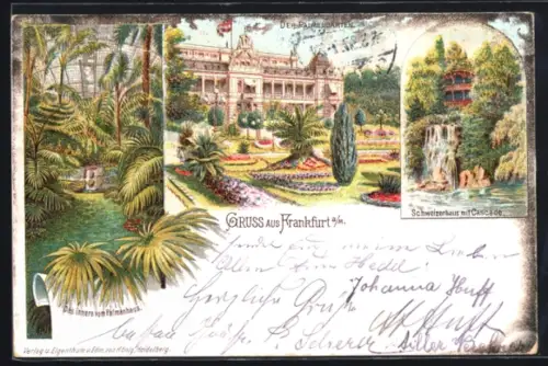 Lithographie Frankfurt-Westend, Der Palmengarten, Schweizerhaus mit Cascade