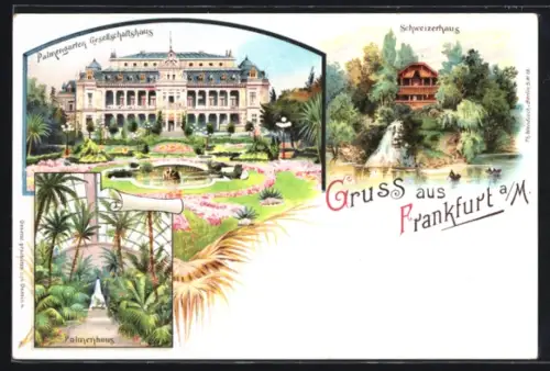 Lithographie Frankfurt-Westend, Palmengarten Gesellschaftshaus und Schweizerhaus