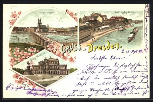 Lithographie Dresden, Kgl. Hoftheater, Italienisches Dörfchen, Dampfer passiert die Altstadt