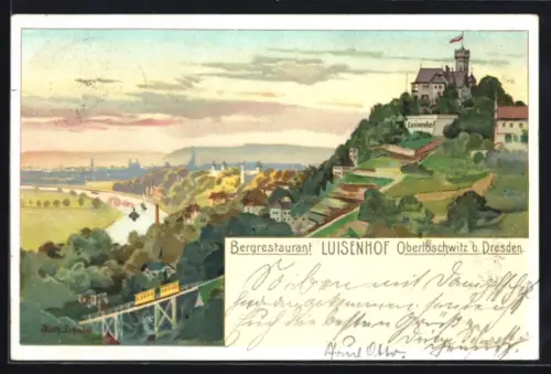 Lithographie Dresden-Weisser Hirsch, Gesamtansicht mit Bergrestaurant Luisenhof