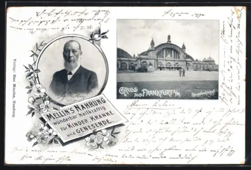 AK Frankfurt a. M., Hauptbahnhof, Portrait, Reklame für Mellins Nahrung