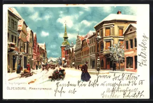 Winter-Lithographie Oldenburg, Marktstrasse im Schnee