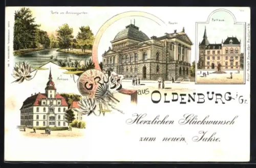 Lithographie Oldenburg i. Gr., Schloss, Theater, Rathaus, Neujahrsgruss