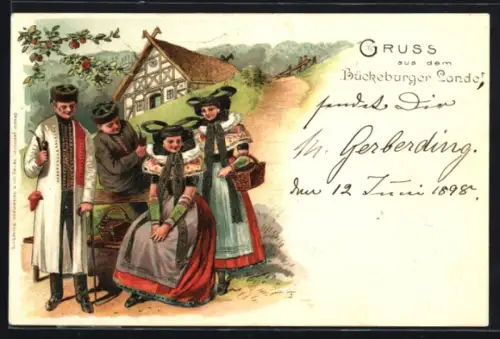 Lithographie Lachend vor dem Haus in Schaumburg-Lippischer Landestracht