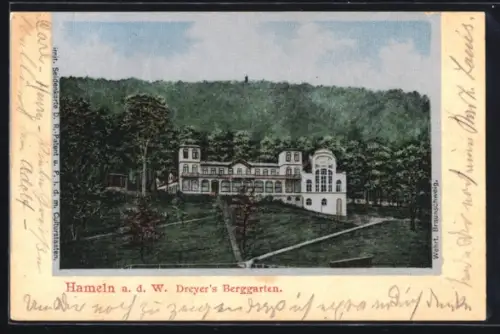 Seiden-Imitations-AK Hameln, Dreyer`s Berggarten