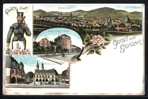 Lithographie Goslar / Harz, Markt und Rathaus, Paul's Hotel und Thurm, Ortspanorama