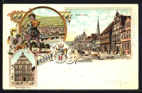 Lithographie Hameln, Blick in die Osterstrasse, Rattenfänger und Rattenfängerhaus