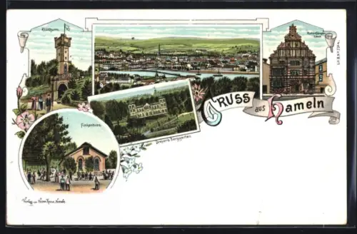 Lithographie Hameln, Gasthaus Dreyers Berggarten, Rattenfängerhaus, Finkenborn