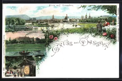 Lithographie Dresden-Neustadt, Panorama & Brauerei Waldschlösschen mit Wettin-Fass